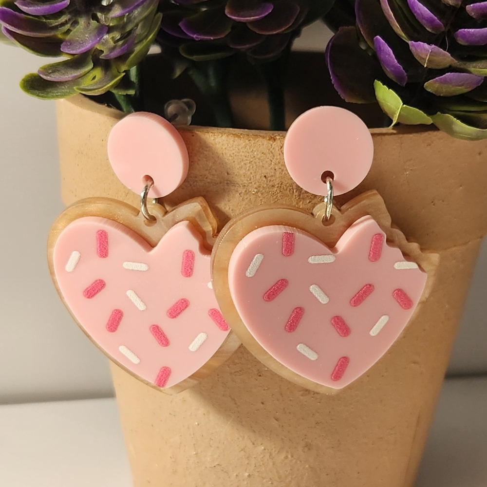 Pink Heart Cookie Sprinkles Acrylic‎ Drop Earrings Bitten Food Novelty Jewelry